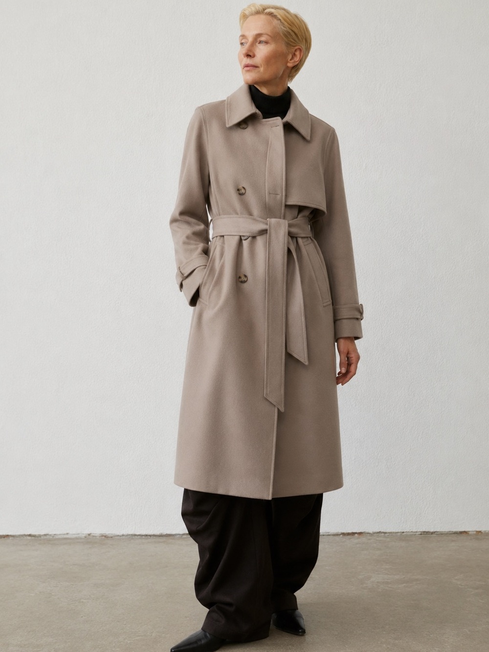 & Other Stories Long Trench Belted Collared Wool Coat Jacket Dark Beige M $299